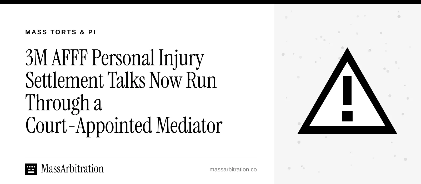 Branded card: the headline beside a hazard icon representing a mass tort over a toxic product