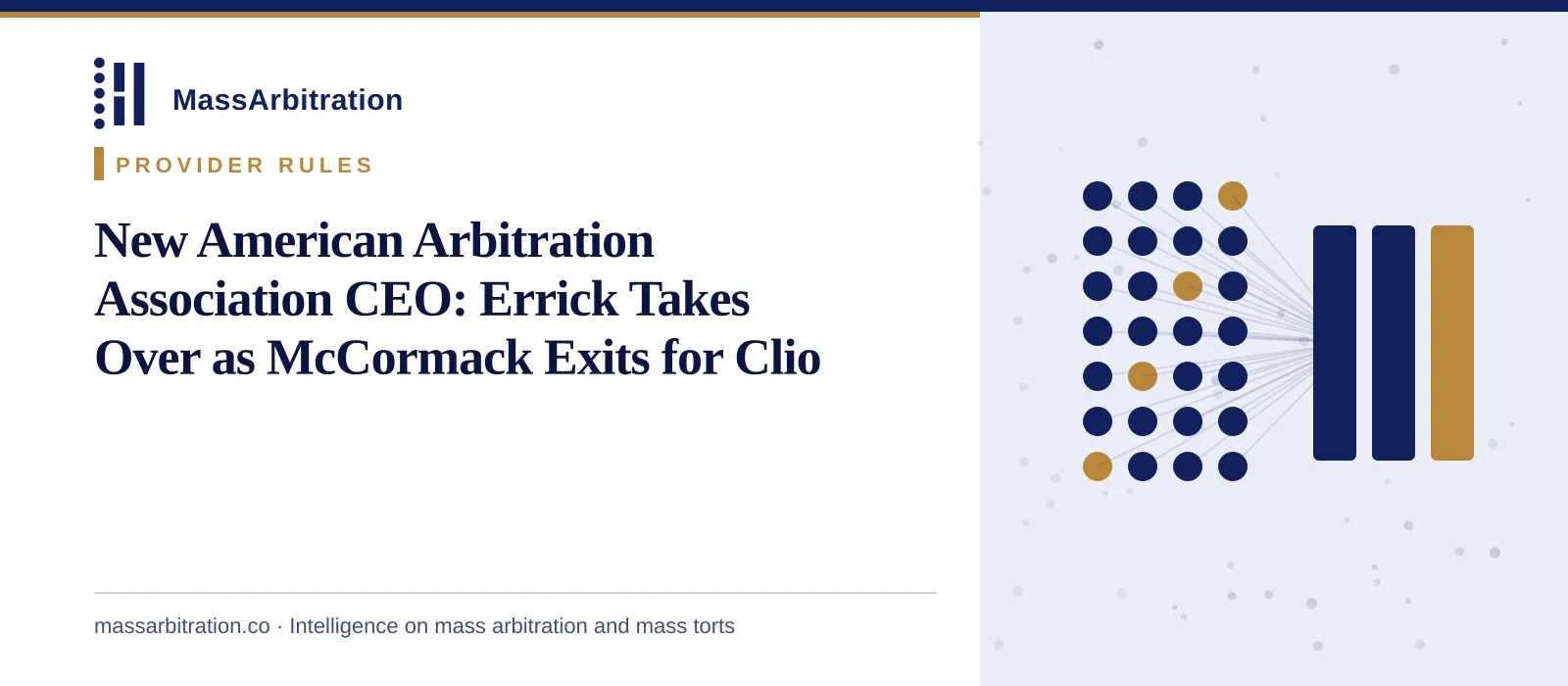 Branded card: the MassArbitration wordmark, a Provider Rules kicker, and the headline beside a converging-lines icon marking a provider change