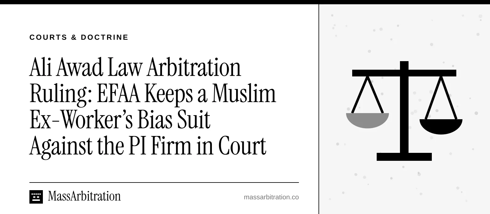 Branded card: the headline beside a scales-of-justice icon marking a federal court ruling