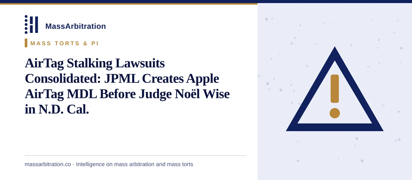 Branded card: the headline beside a hazard icon representing a product liability mass tort