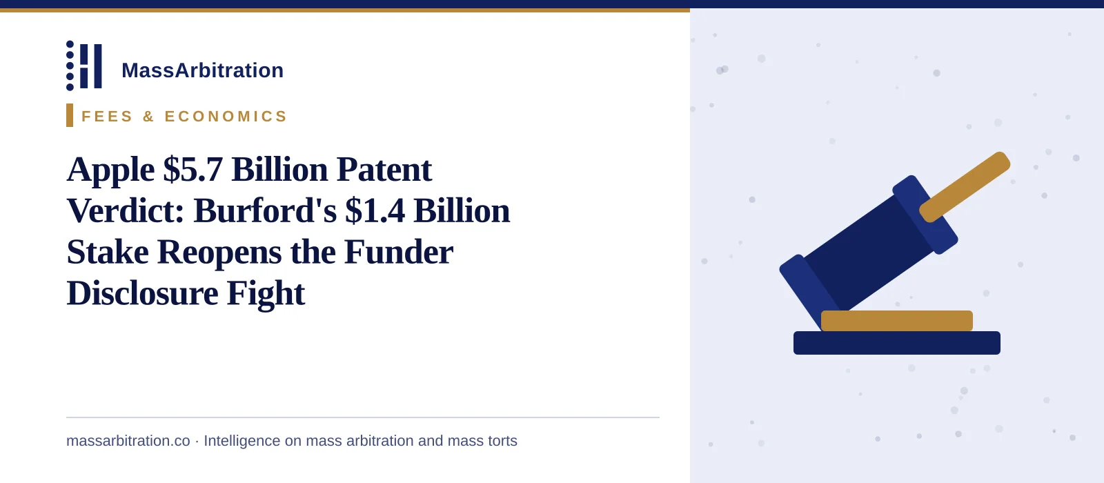 Branded card: the headline beside a gavel icon