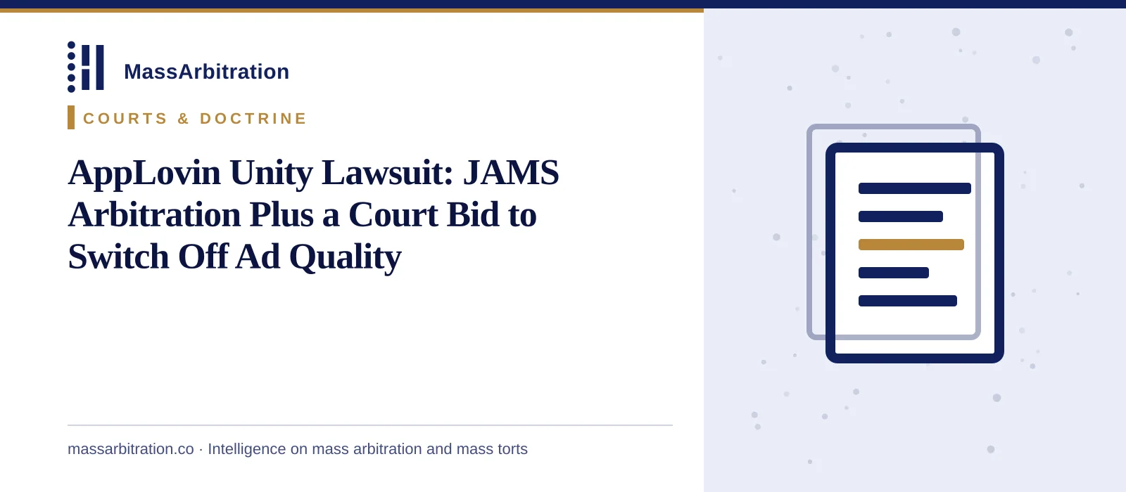 Branded card: the MassArbitration wordmark, a Courts & Doctrine kicker, and the headline beside a docket icon marking a court filing