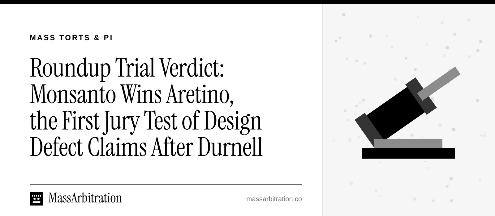 Branded card: the headline beside a gavel icon