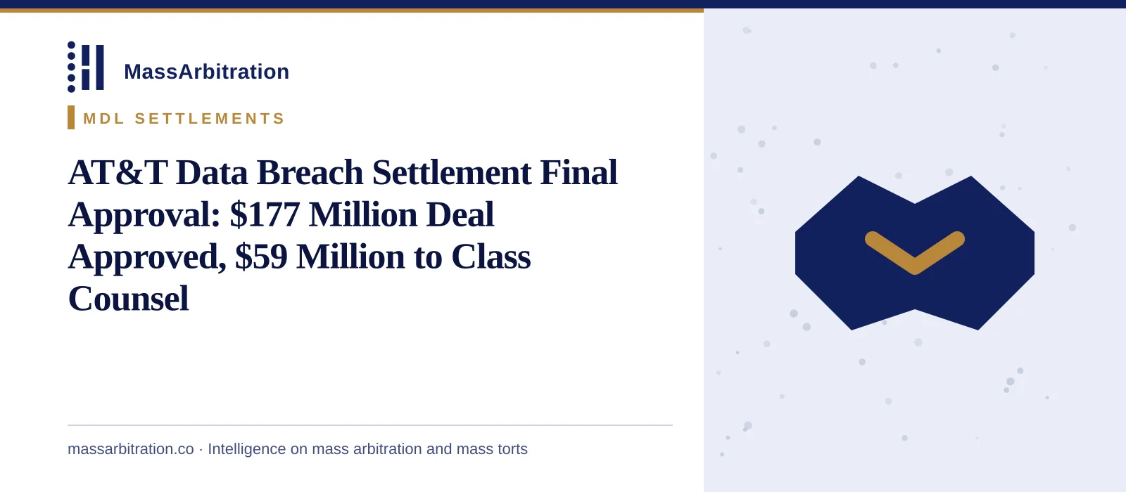 Branded card: the headline beside a handshake icon representing a class settlement