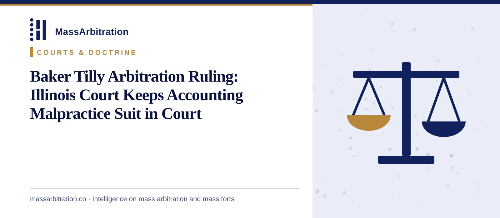 Branded card: the MassArbitration wordmark, a Courts & Doctrine kicker, and the headline beside a scales icon marking a court ruling