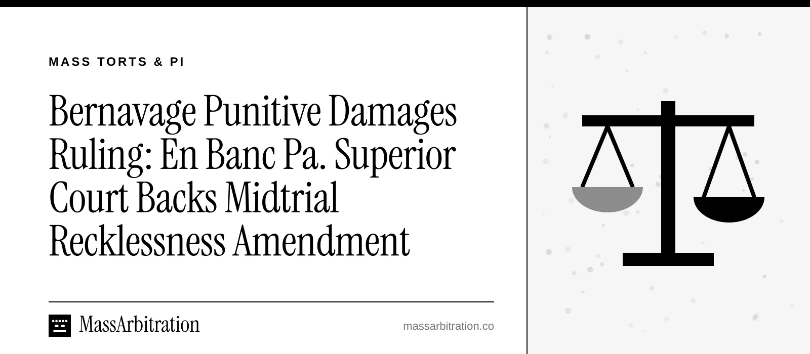 Branded card: the headline beside a scales of justice icon