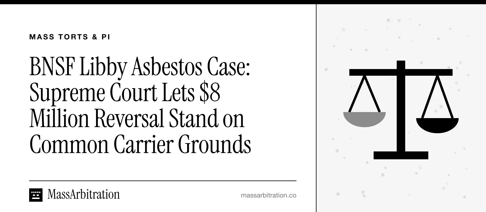 Branded card: the headline beside a scales of justice icon
