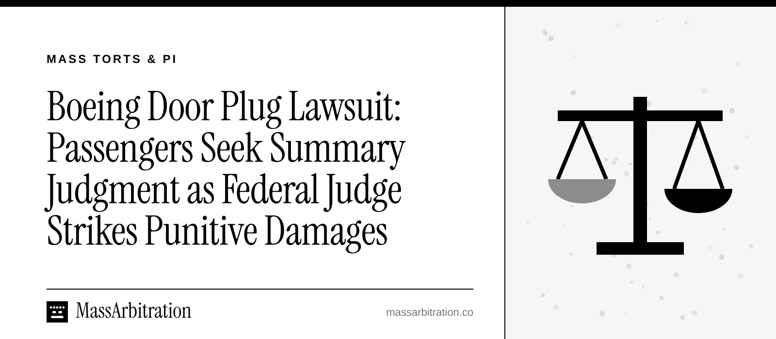 Branded card: the headline beside a scales of justice icon