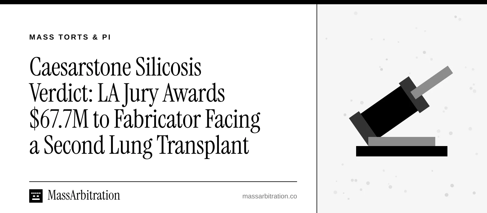 Branded card: the headline beside a gavel icon representing a jury verdict