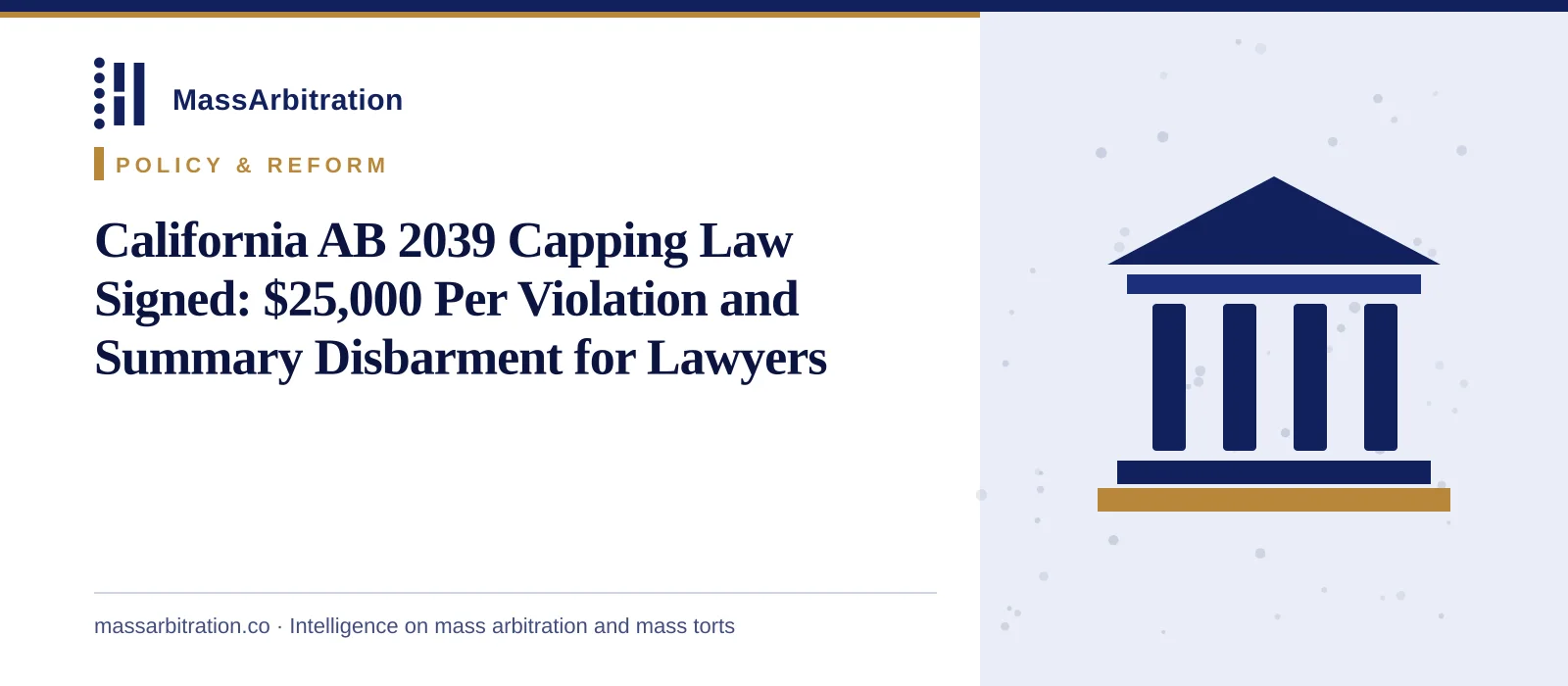 Branded card: the headline beside a courthouse icon representing state legislation