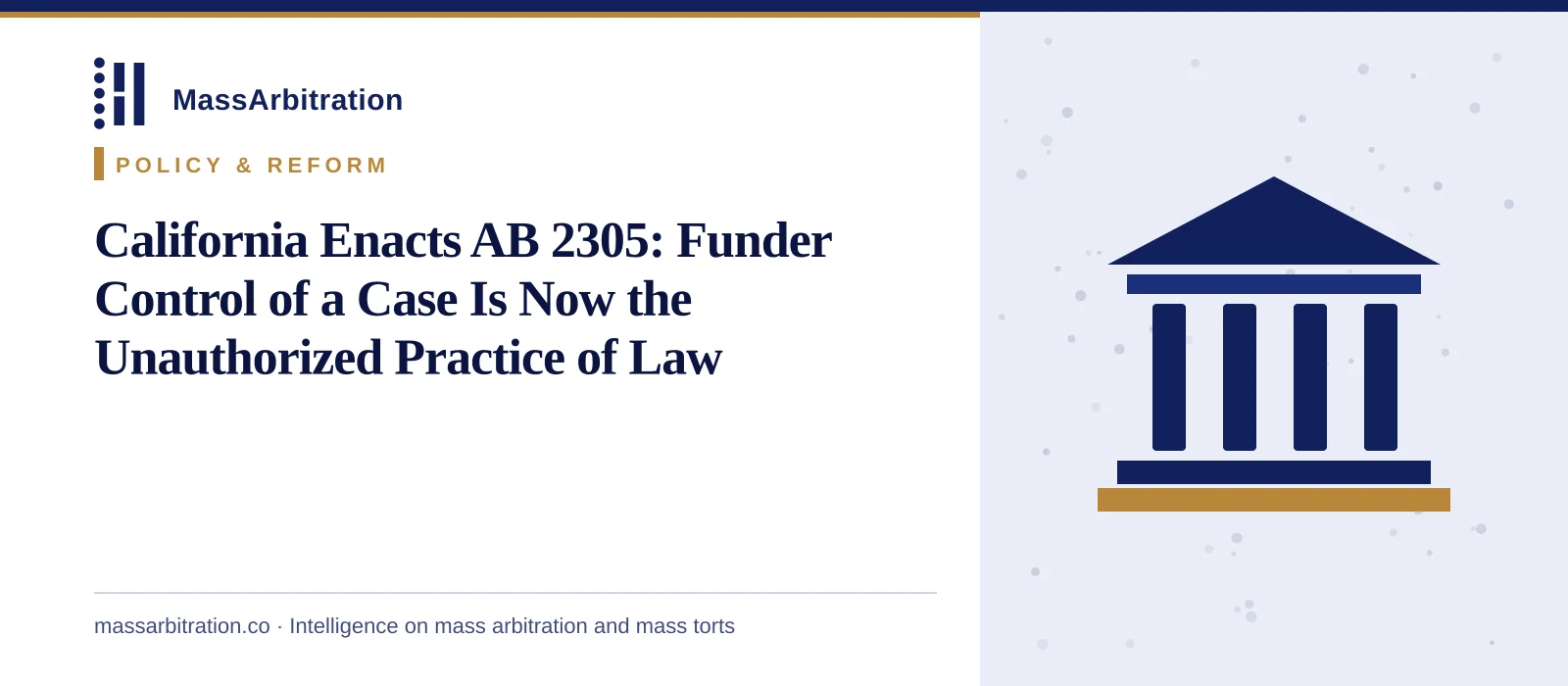 Branded card: the headline beside a courthouse icon representing state legislation