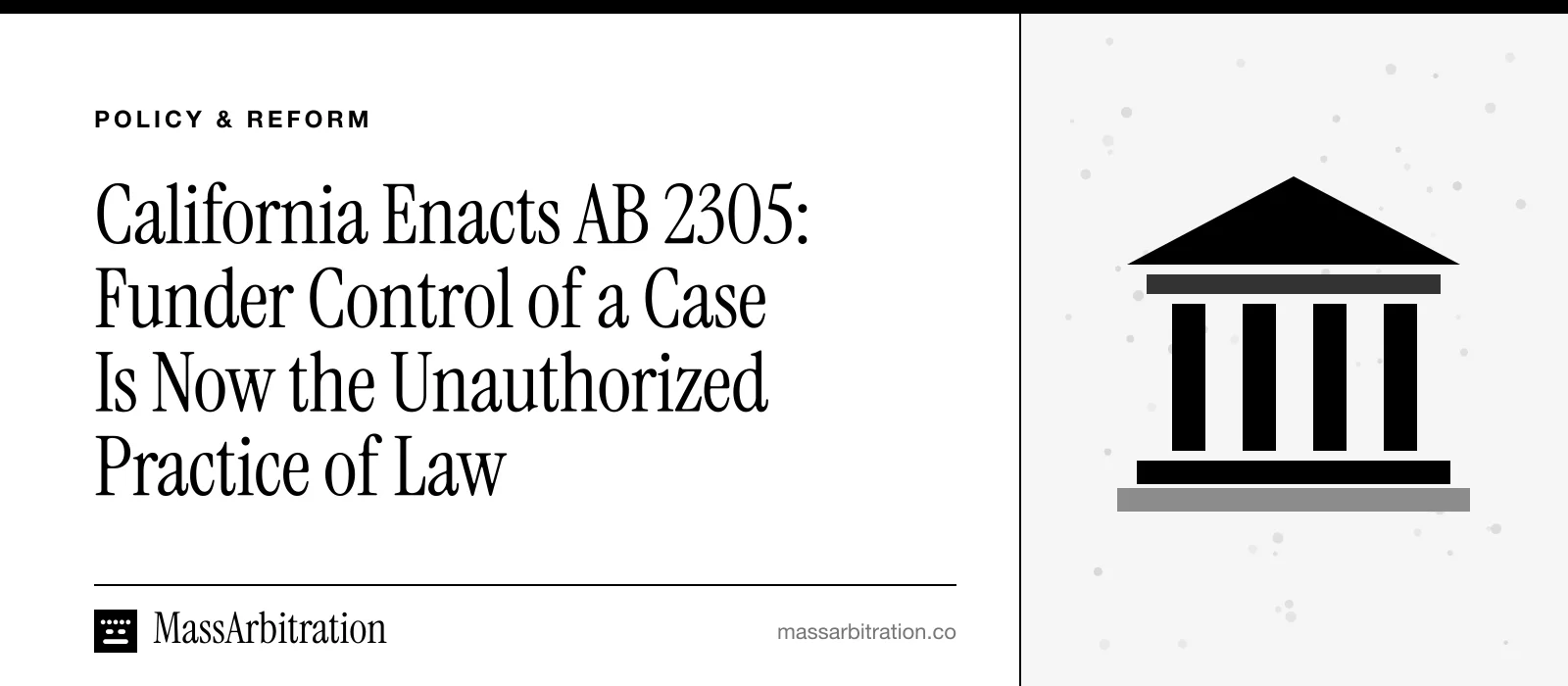 Branded card: the headline beside a courthouse icon representing state legislation