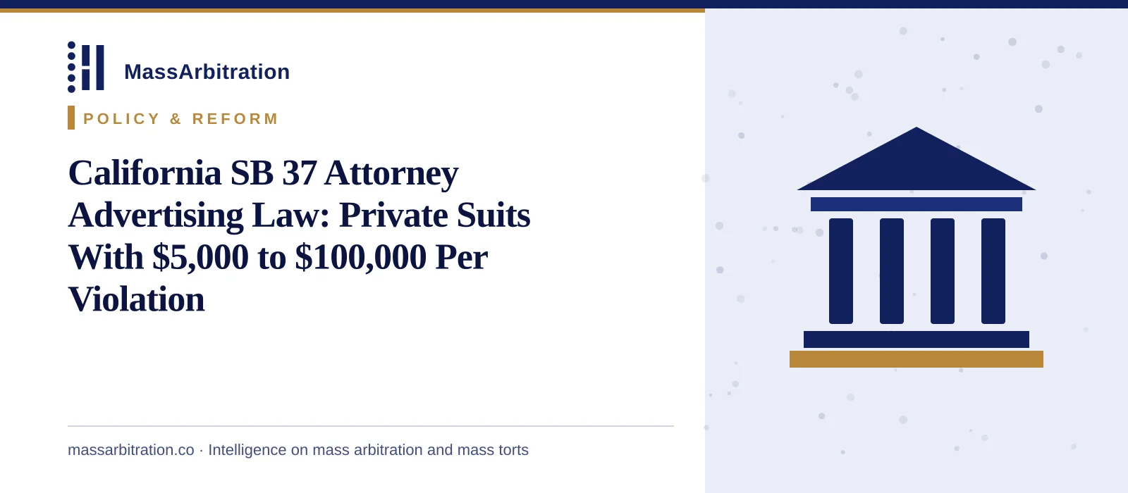 Branded card: the headline beside a courthouse icon representing state legislation