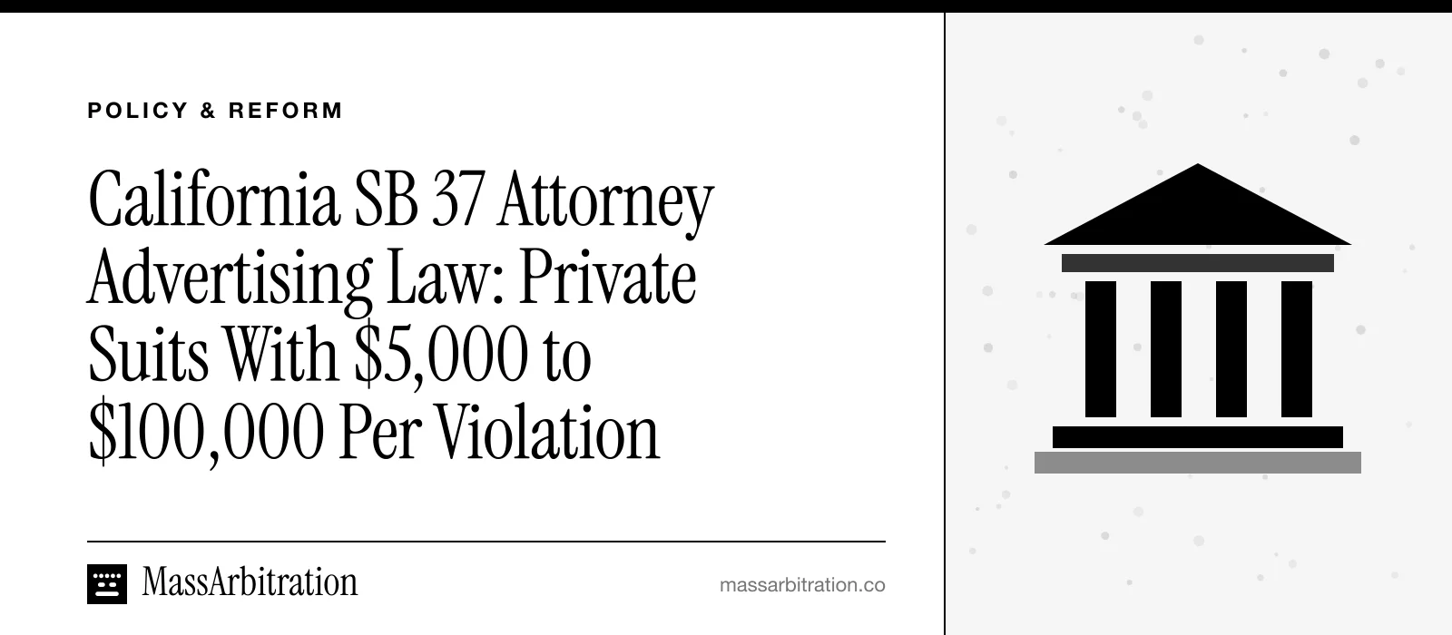 Branded card: the headline beside a courthouse icon representing state legislation