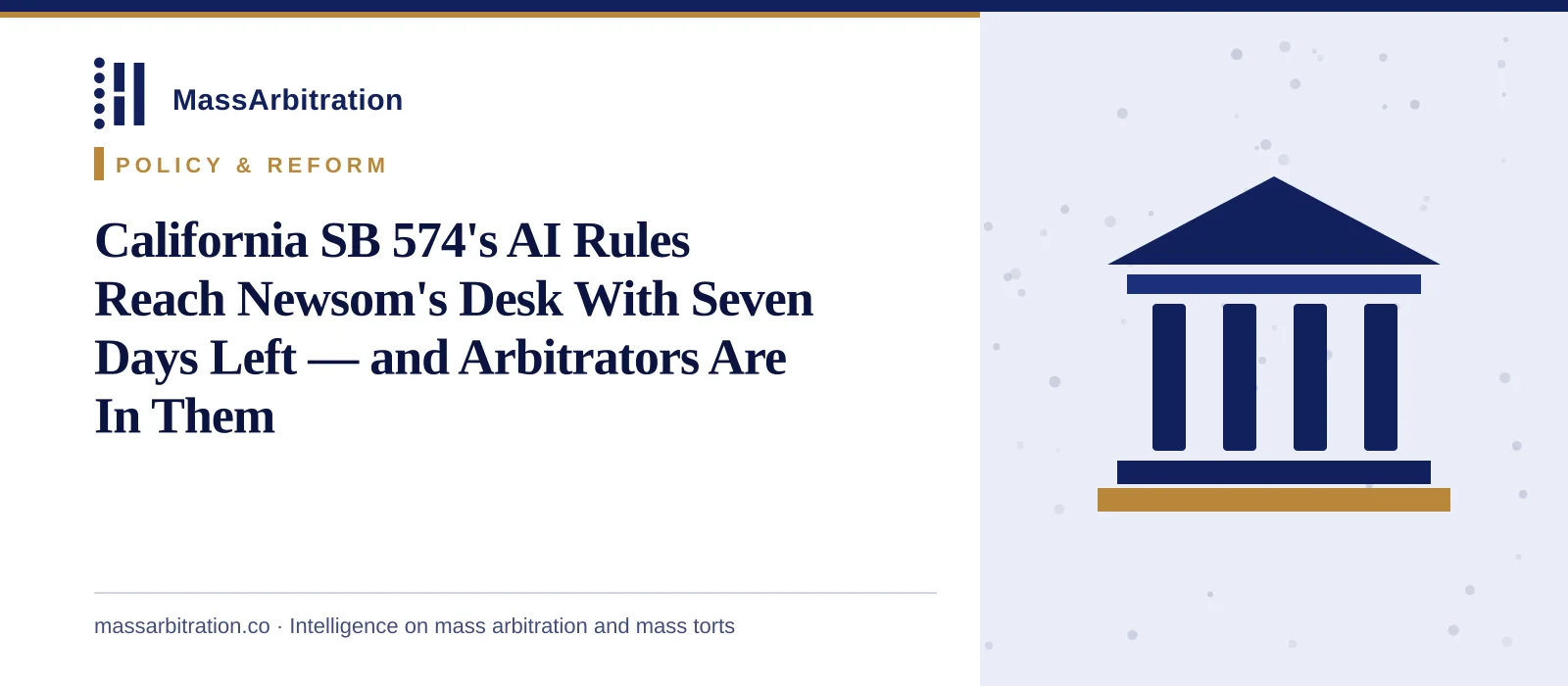 Branded card: the MassArbitration wordmark, a Policy & Reform kicker, and the headline beside a courthouse icon