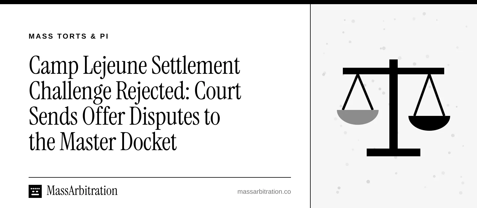 Branded card: the headline beside a scales of justice icon