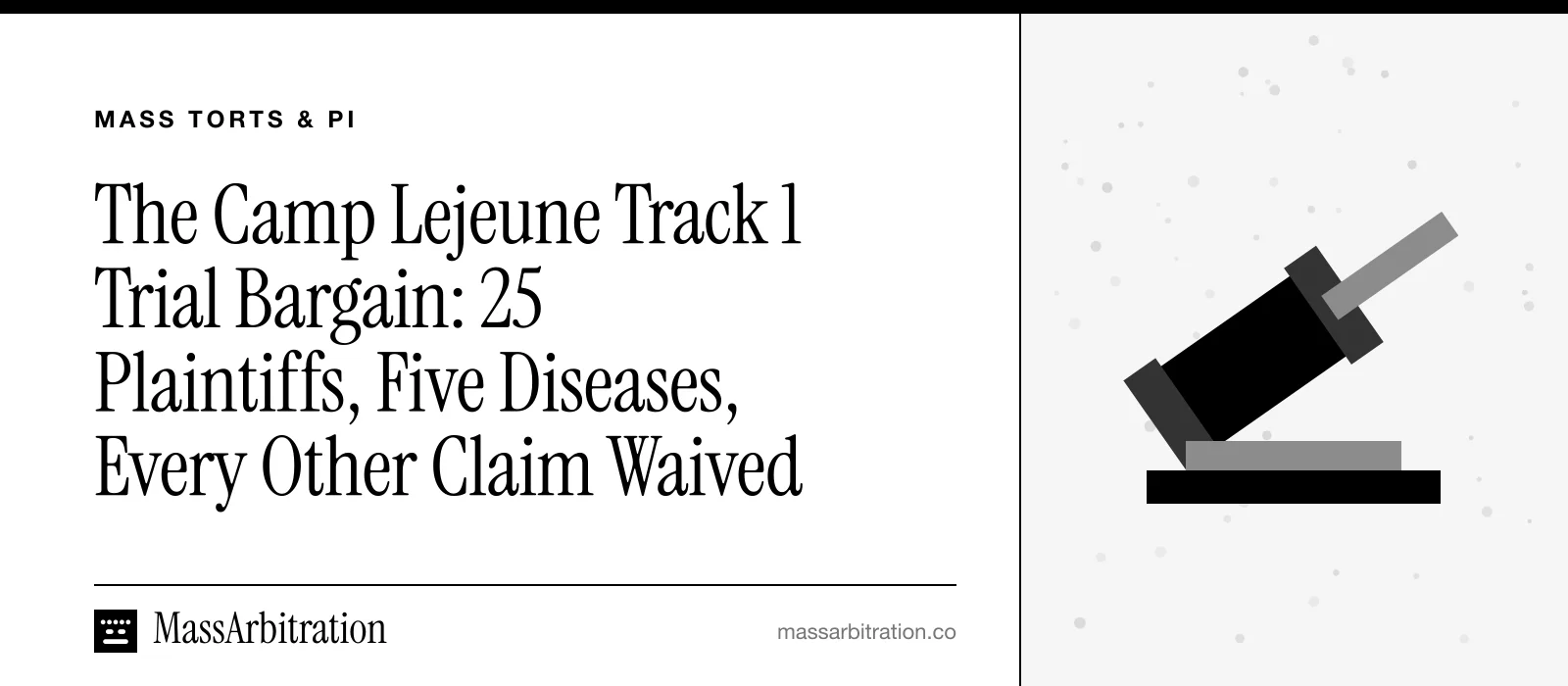 Branded card: the headline beside a gavel icon