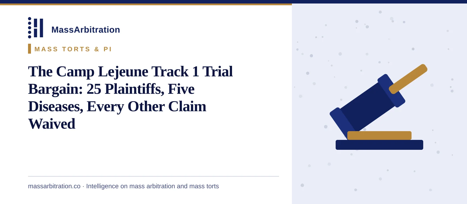 Branded card: the headline beside a gavel icon