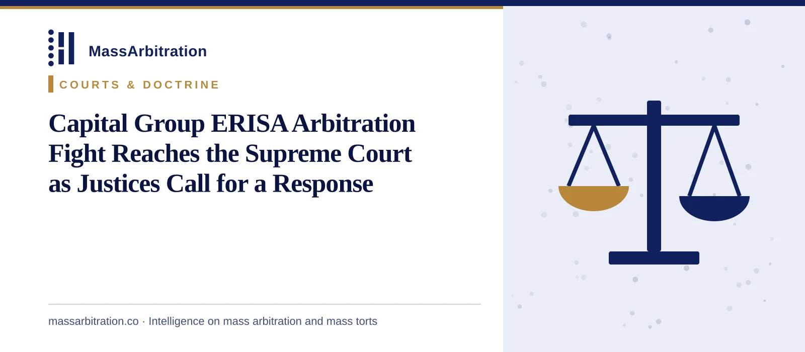 Branded card: the MassArbitration wordmark, a Courts & Doctrine kicker, and the headline beside a scales icon marking a court ruling