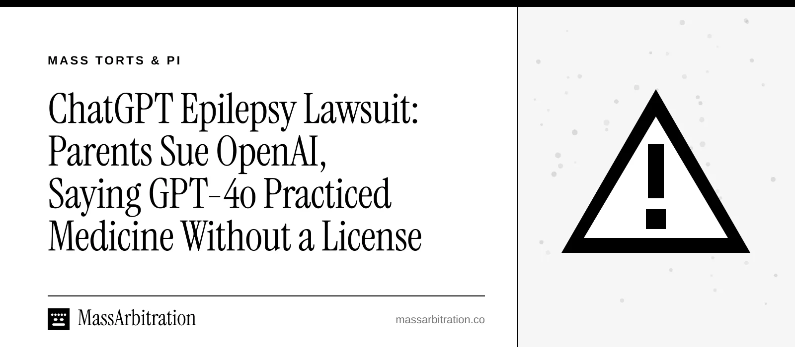 Branded card: the headline beside a hazard icon marking a product liability case