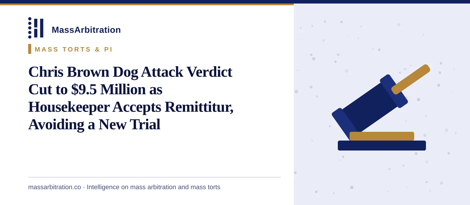 Branded card: the headline beside a gavel icon