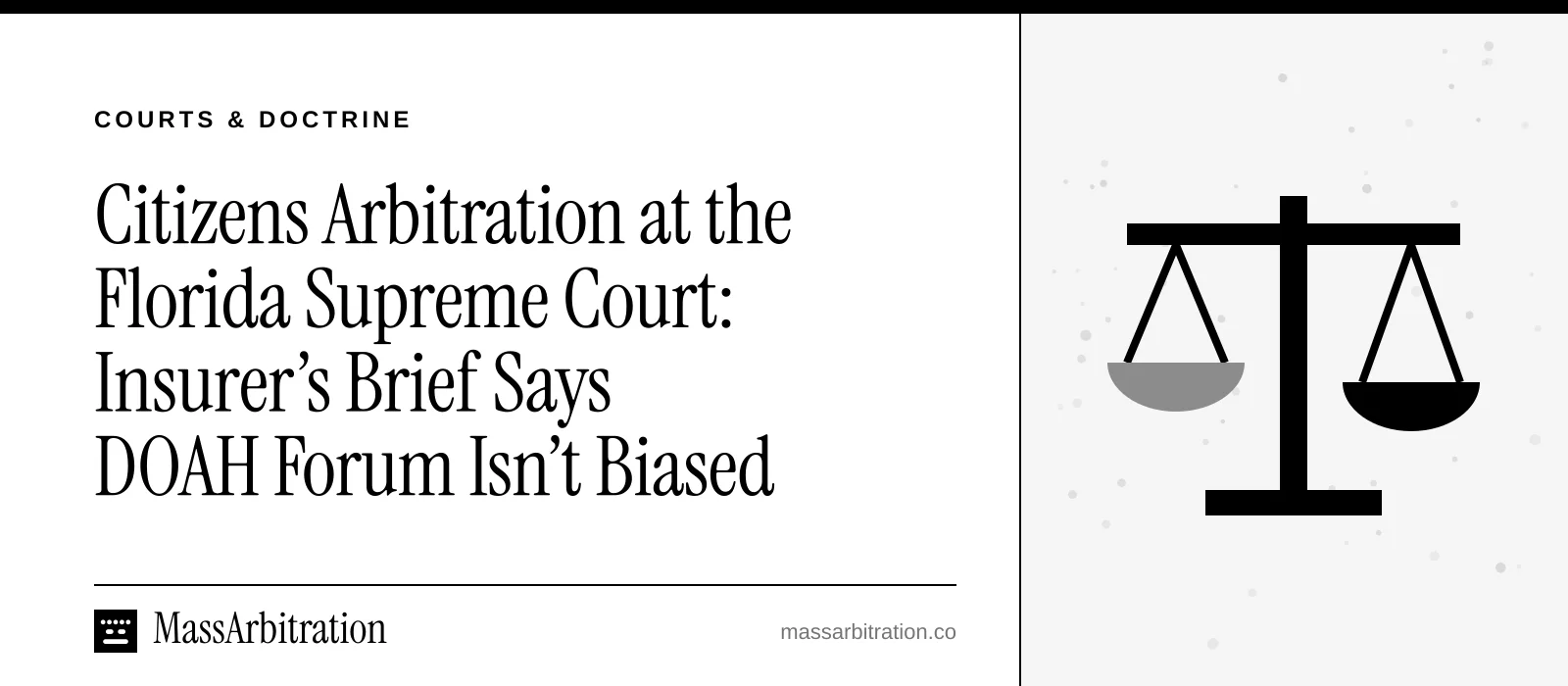 Branded card: the headline beside a scales of justice icon