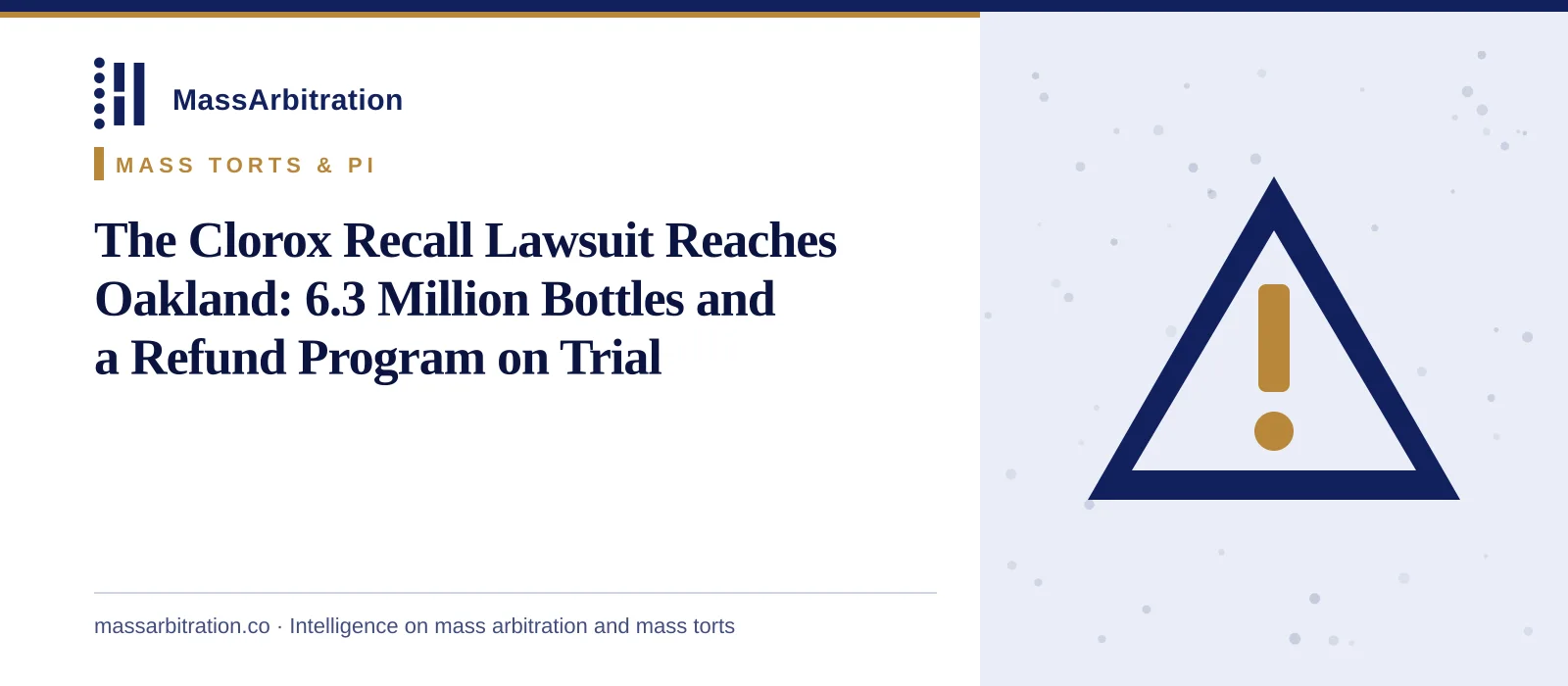Branded card: the MassArbitration wordmark, a Mass Torts & PI kicker, and the headline beside a hazard icon marking a product contamination case