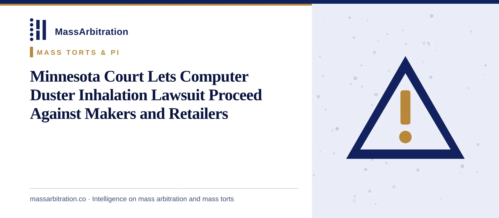 Branded card: the headline beside a hazard icon marking a product liability ruling
