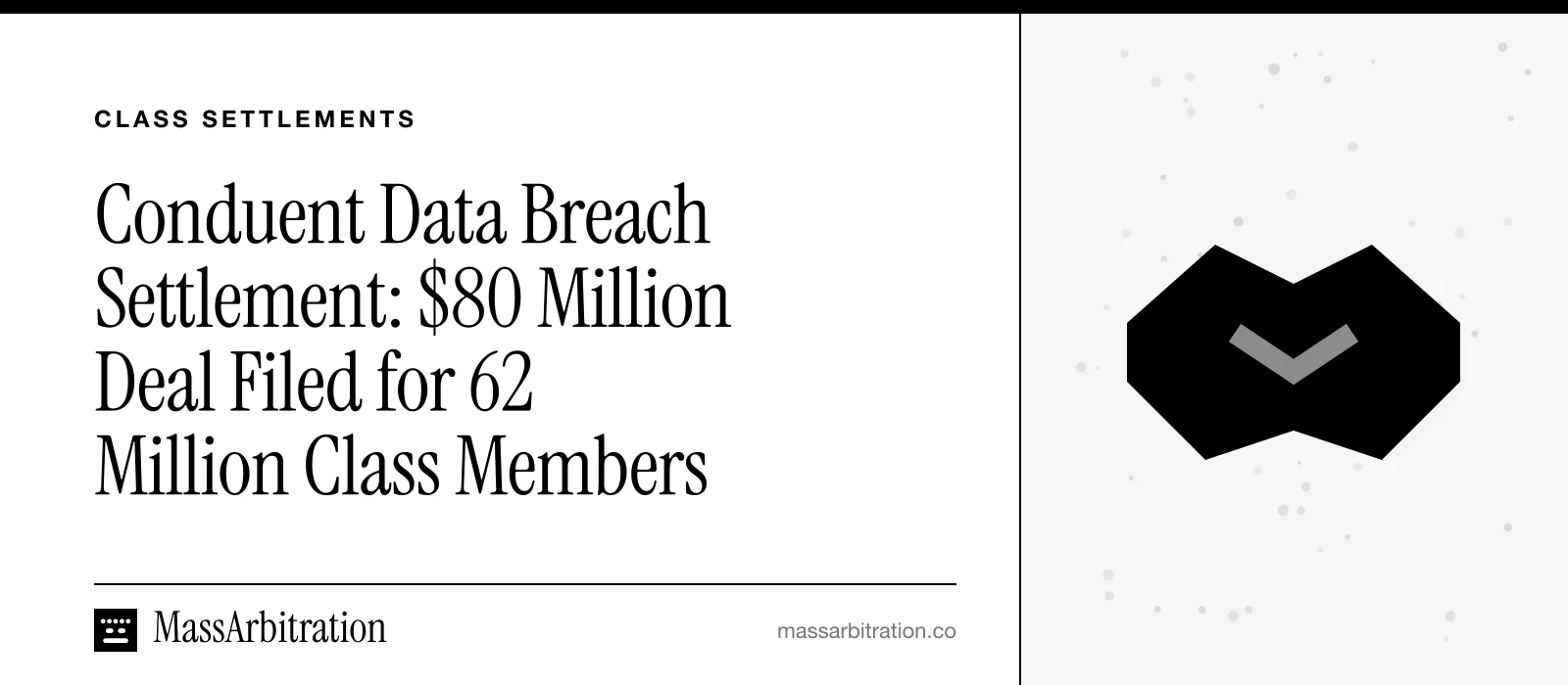 Branded card: the headline beside a handshake icon representing a class settlement