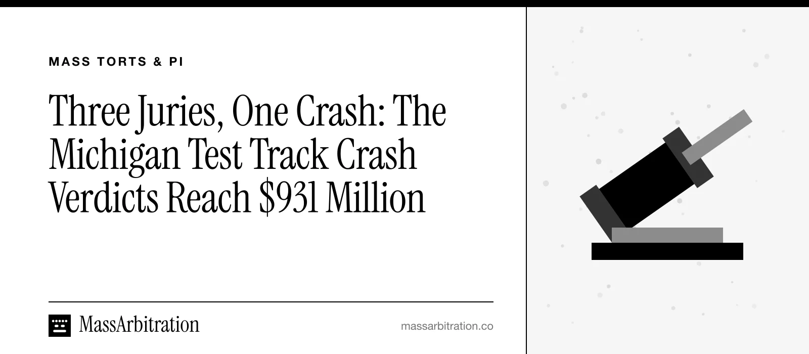 Branded card: the headline beside a gavel icon representing a jury verdict and damages award