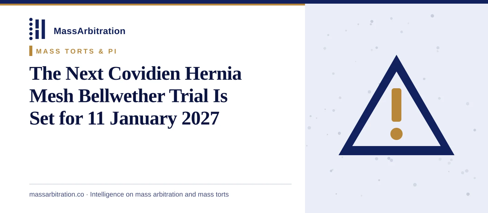 Branded card: the headline beside a hazard icon representing a product liability mass tort