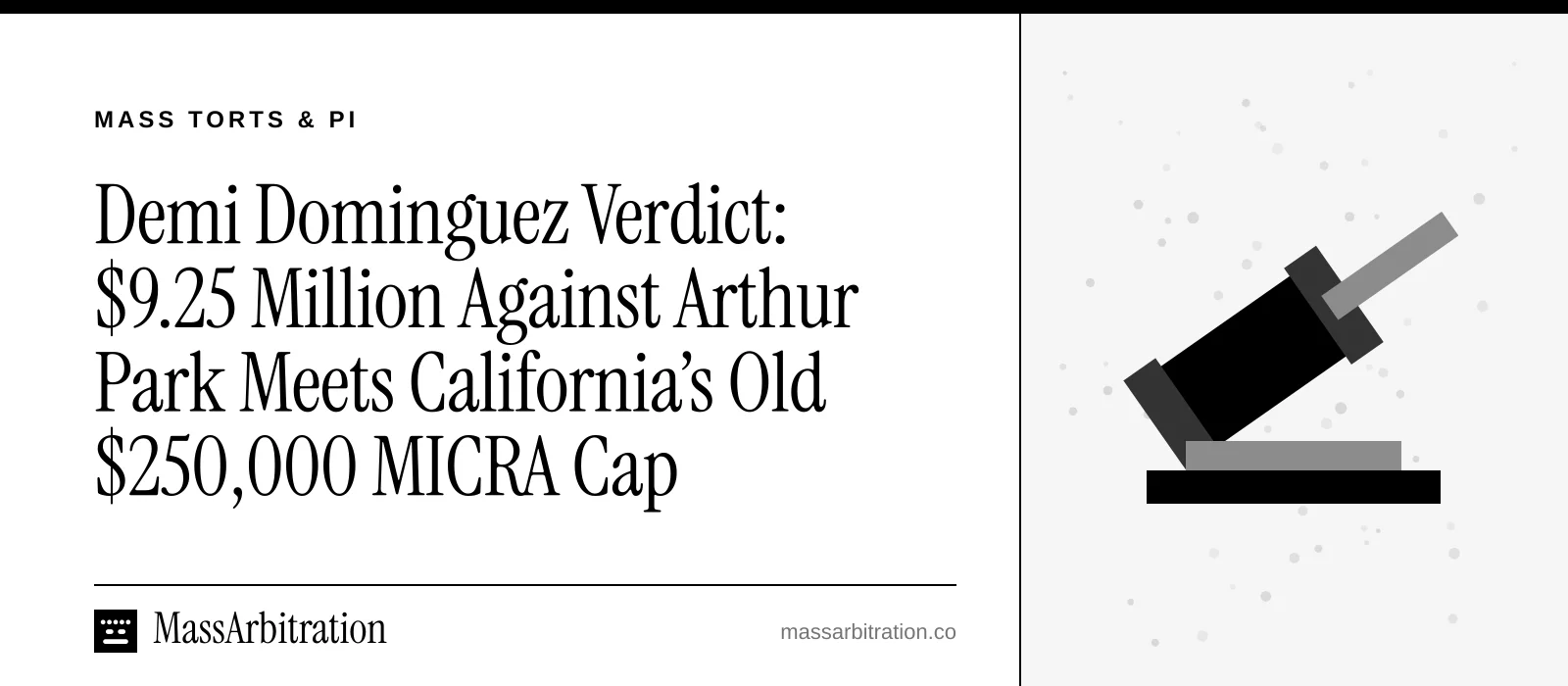 Branded card: the headline beside a gavel icon