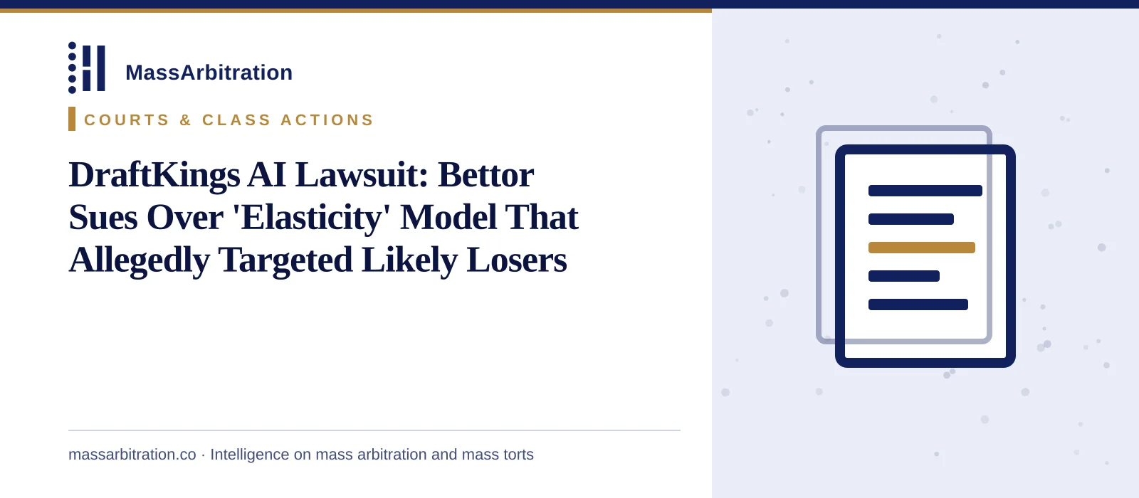 Branded card: the MassArbitration wordmark, a Courts & Class Actions kicker, and the headline beside a docket icon marking a new court filing