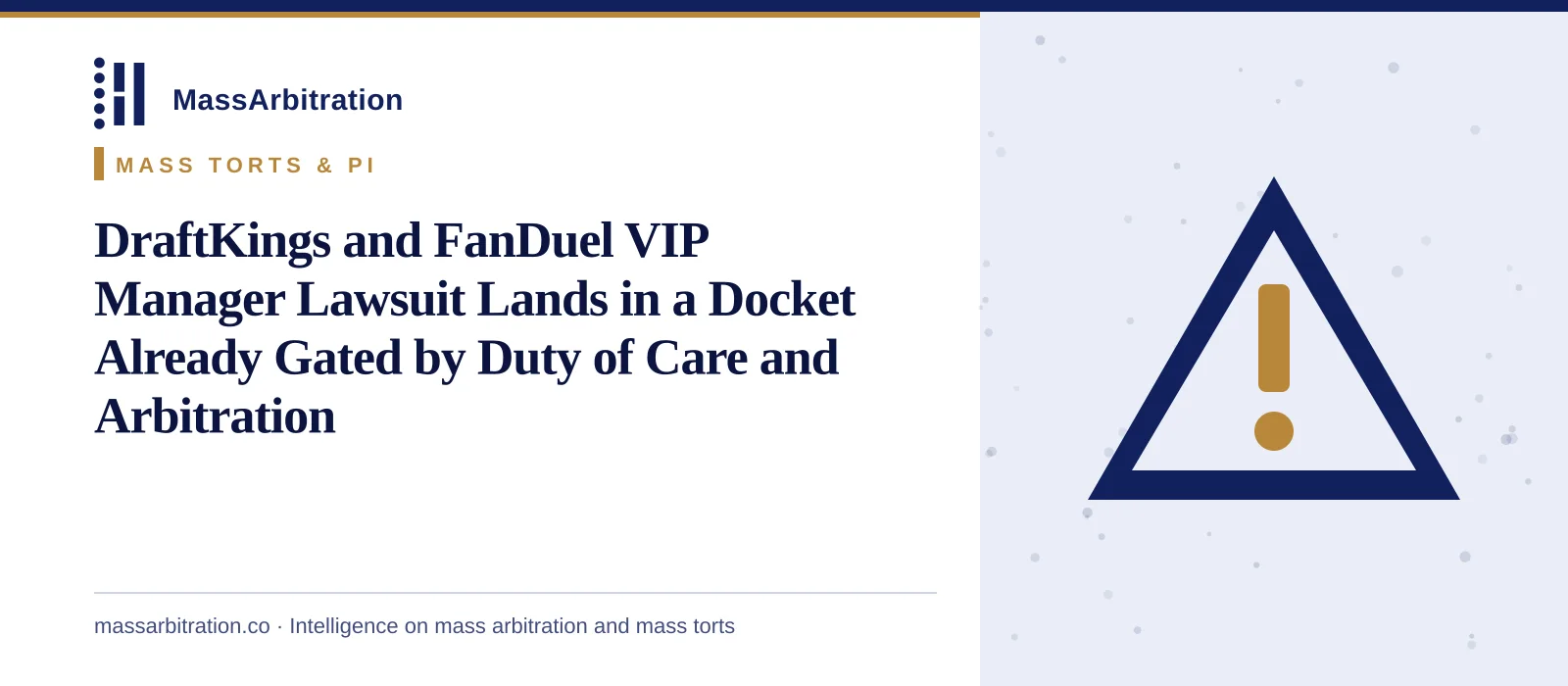 Branded card: the MassArbitration wordmark, a Mass Torts & PI kicker, and the headline beside a hazard-triangle icon