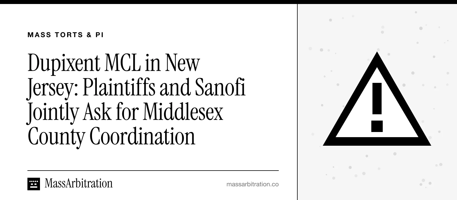 Branded card: the headline beside a hazard icon marking a drug products liability litigation