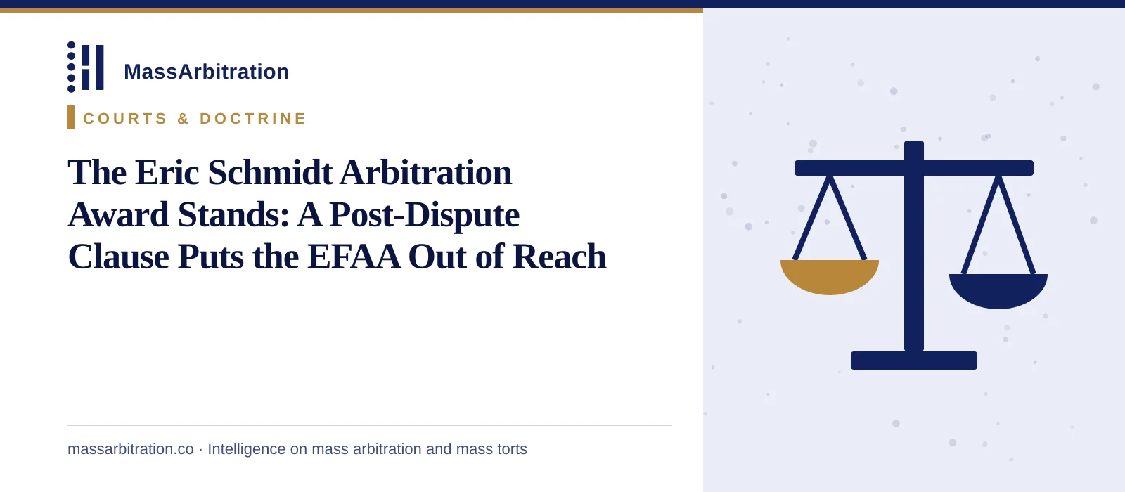 Branded card: the MassArbitration wordmark, a Courts & Doctrine kicker, and the headline beside a scales icon marking a court ruling