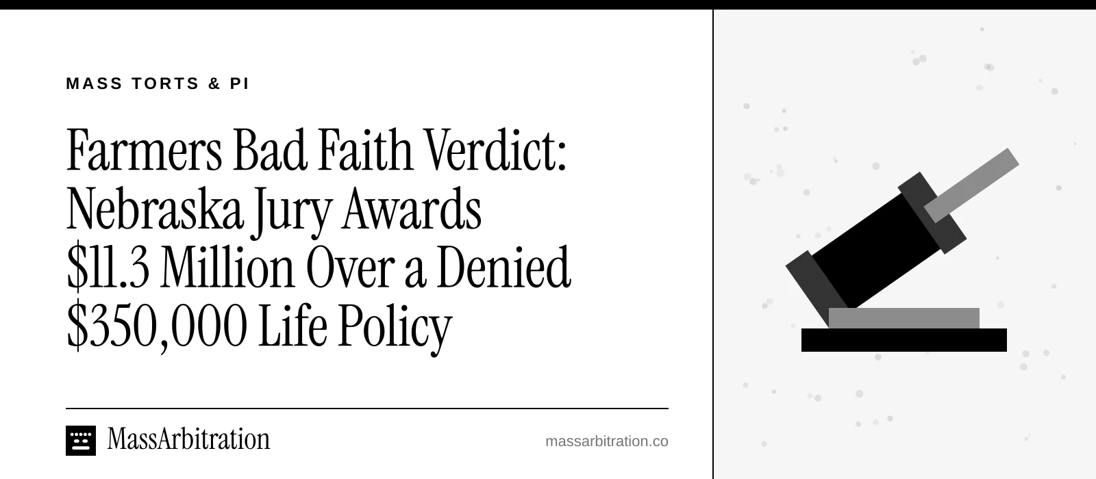 Branded card: the headline beside a gavel icon