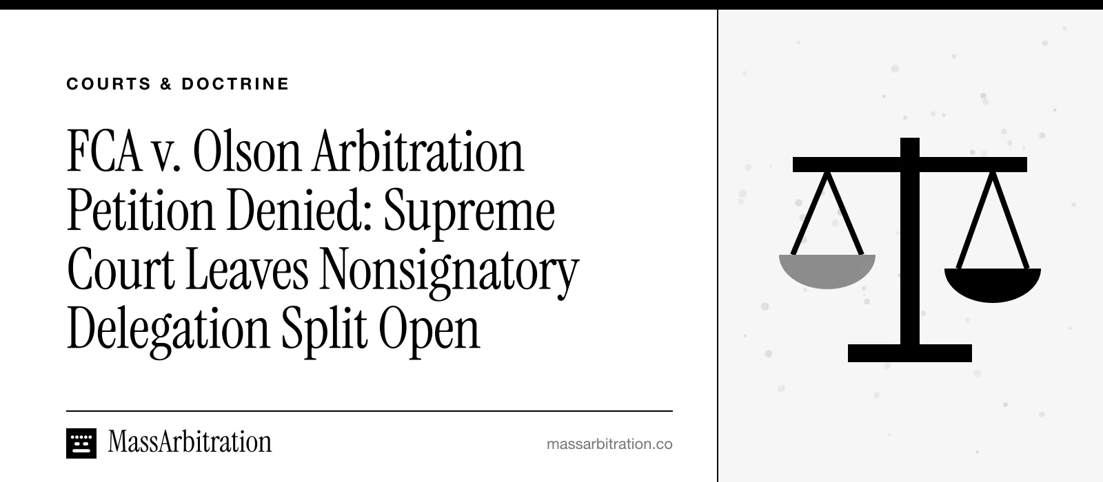 Branded card: the headline beside a scales icon marking a court ruling