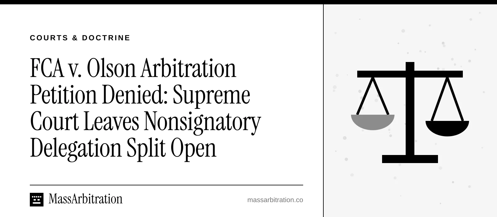 Branded card: the headline beside a scales icon marking a court ruling