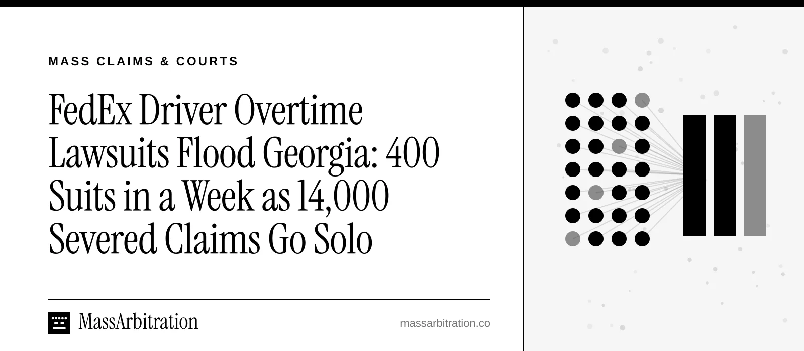 Branded card: the MassArbitration wordmark, a Mass Claims & Courts kicker, and the headline beside an icon of many claims converging into a docket, marking a mass filing