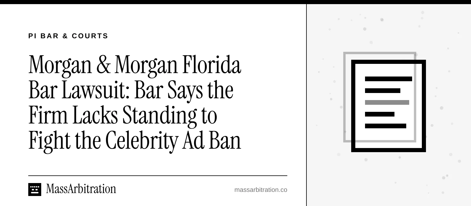 Branded card: the headline beside a docket icon representing a court filing
