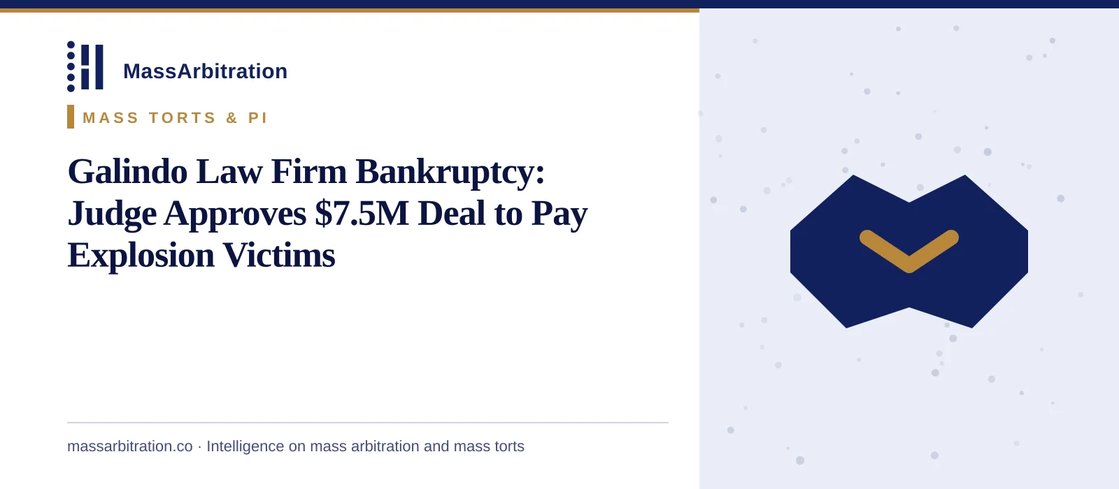 Branded card: the MassArbitration wordmark, a Mass Torts & PI kicker, and the headline beside a handshake icon marking a settlement