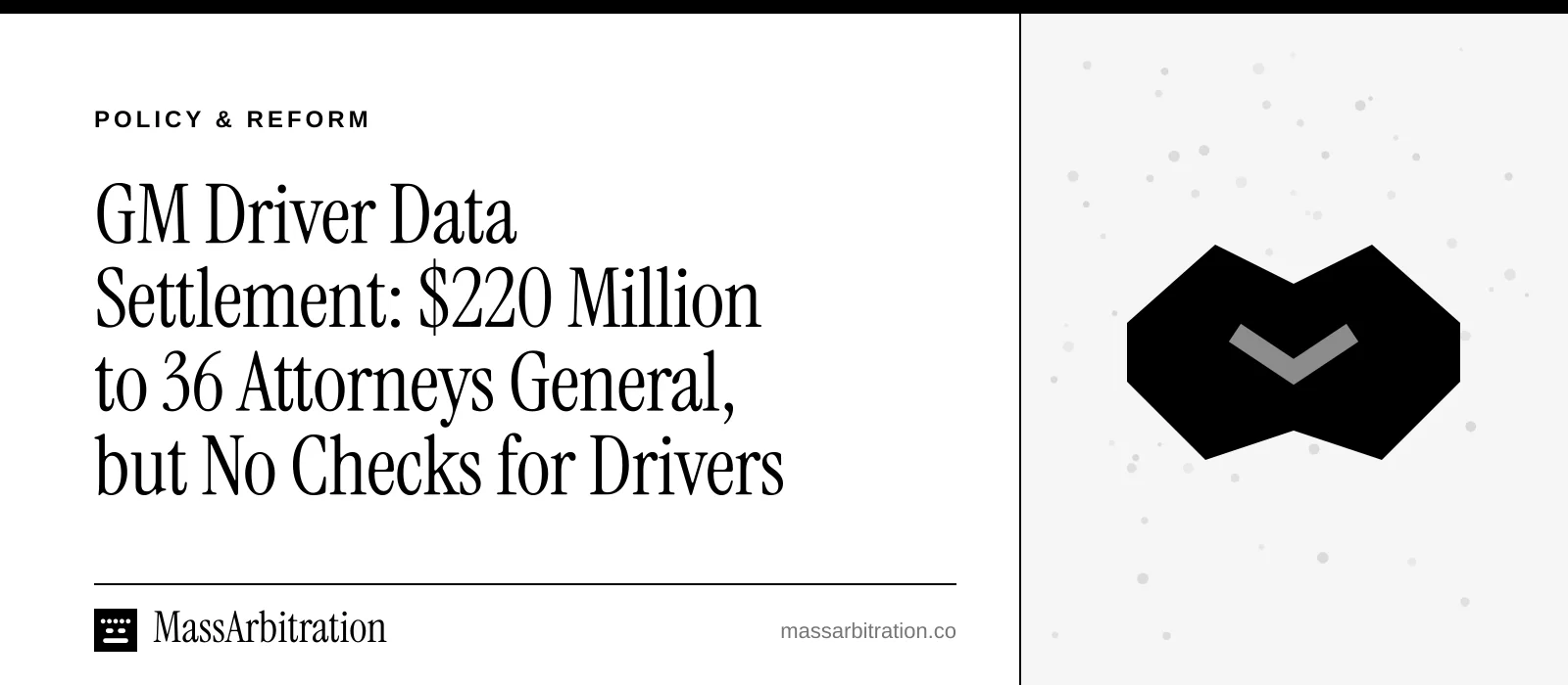 Branded card: the headline beside a handshake icon representing a settlement