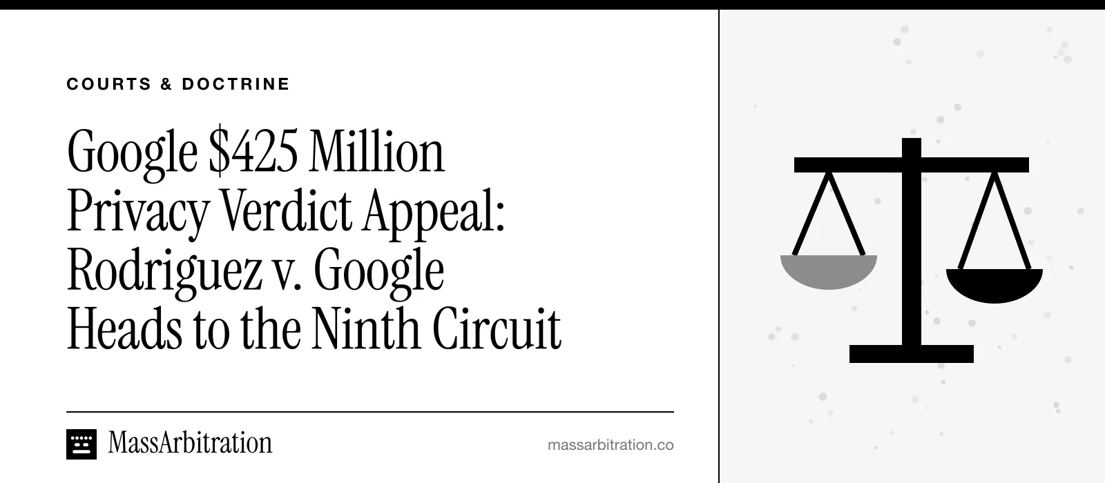 Branded card: the headline beside a scales-of-justice icon