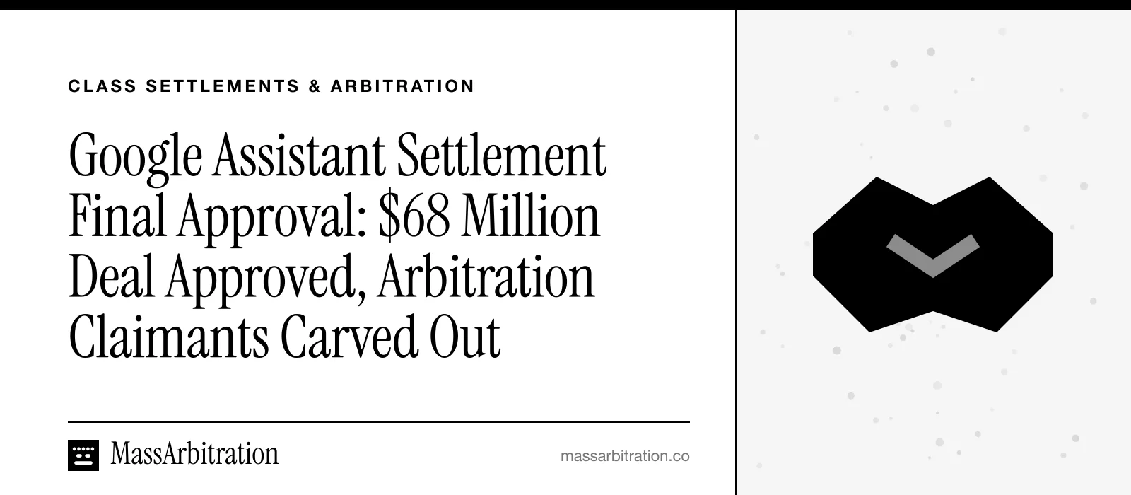 Branded card: the headline beside a handshake icon representing a class settlement