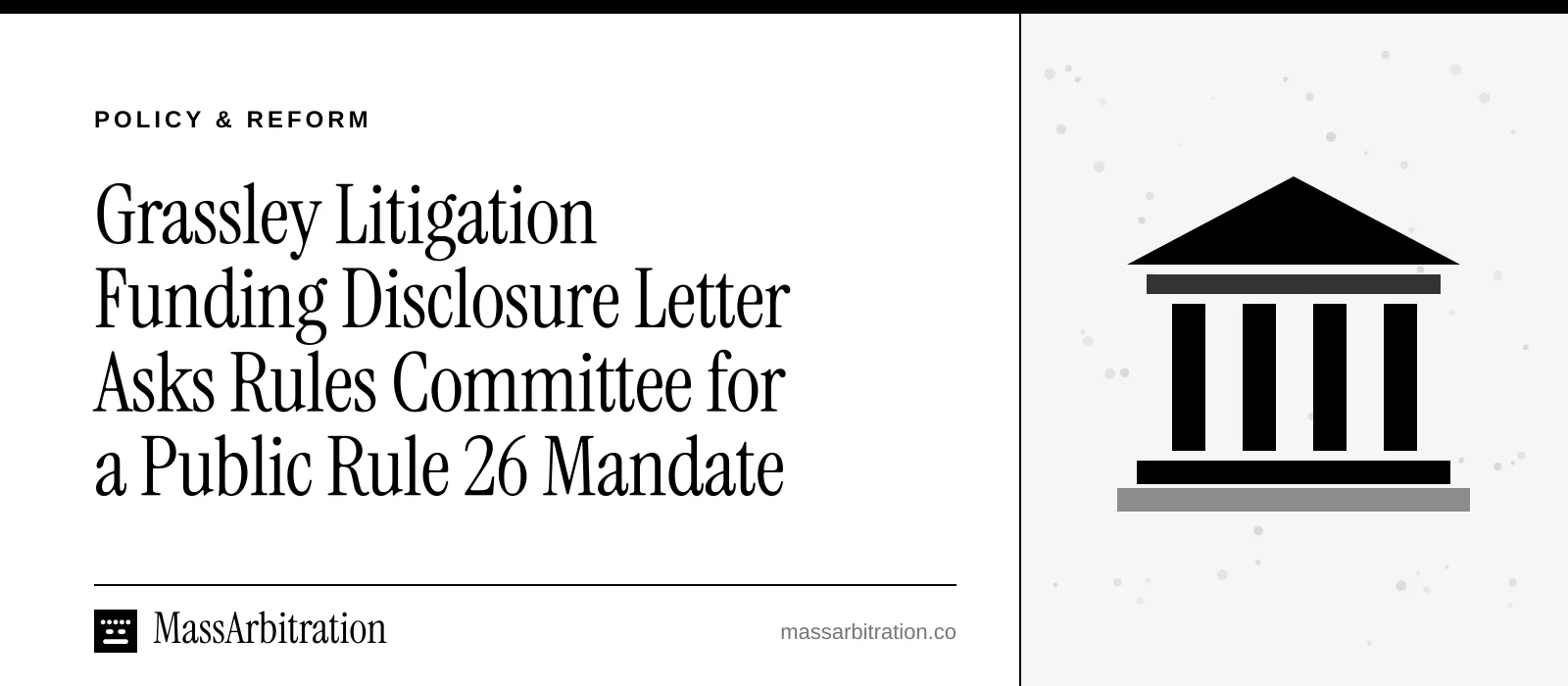 Branded card: the headline beside a courthouse icon