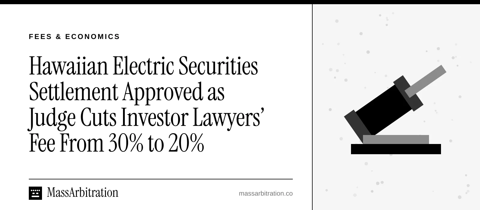 Branded card: the headline beside a gavel icon representing a court ruling on attorney fees