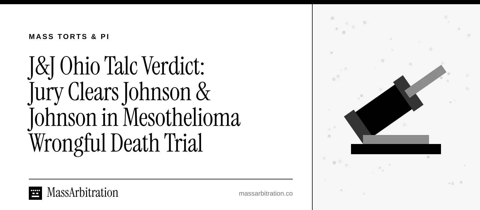 Branded card: the headline beside a gavel icon representing a jury verdict