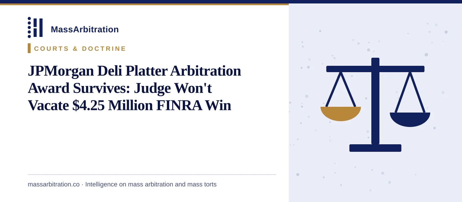 Branded card: the MassArbitration wordmark, a Courts & Doctrine kicker, and the headline beside a scales icon marking a court ruling