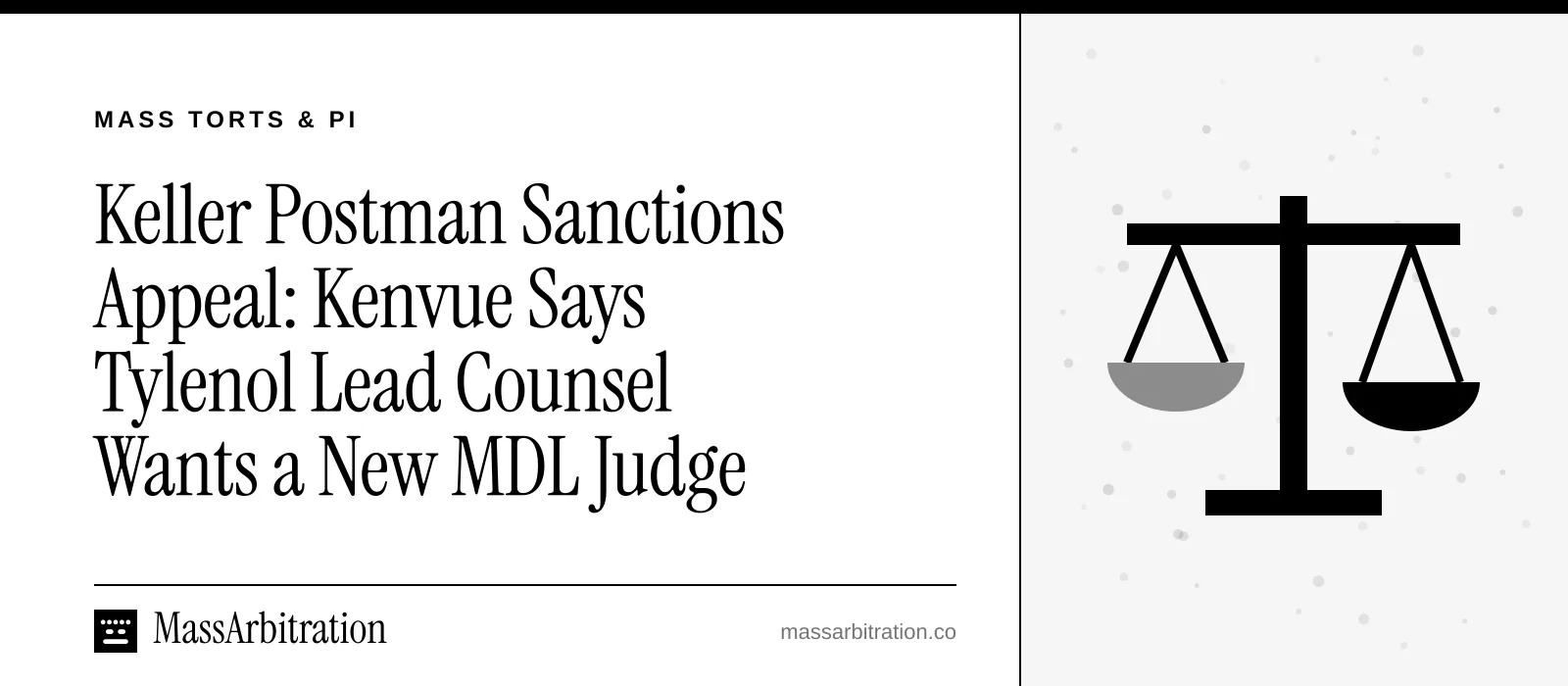 Branded card: the headline beside a scales of justice icon